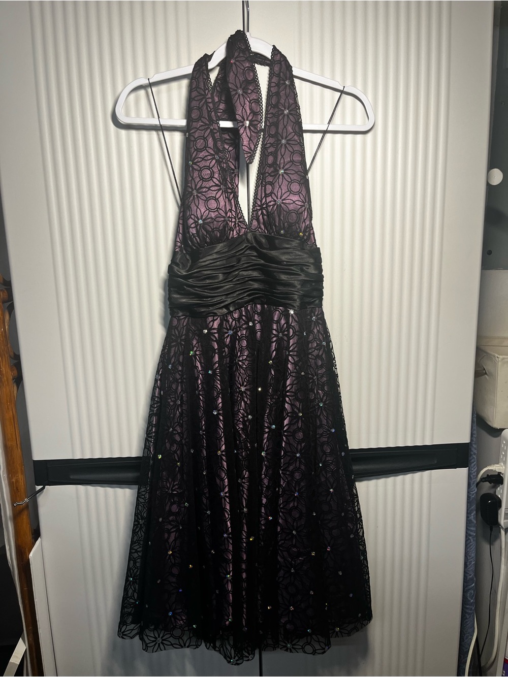 Adrianna Papell Black Lace Halter Dress with Purple Lining